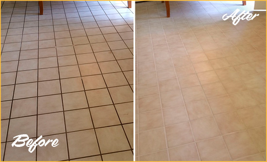 Before and After Picture of a Theodore Kitchen Tile and Grout Cleaned to Remove Embedded Dirt