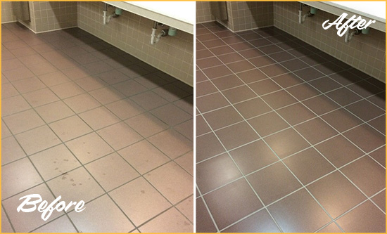 Before and After Picture of a Theodore Restrooms Tile and Grout Cleaned to Remove Embedded Dirt