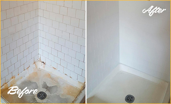Before and After Picture of a Theodore Shower Tile and Grout Cleaned to Remove Soap Scum