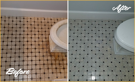 Before and After Picture of a Theodore Bathroom Tile and Grout Cleaned to Remove Stains