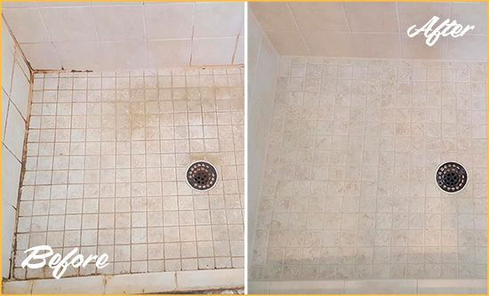 Sir Grout Caulks this Elberta Shower to Fix Cracks Before and After Picture of a Elberta Shower Caulked to Fix Cracks