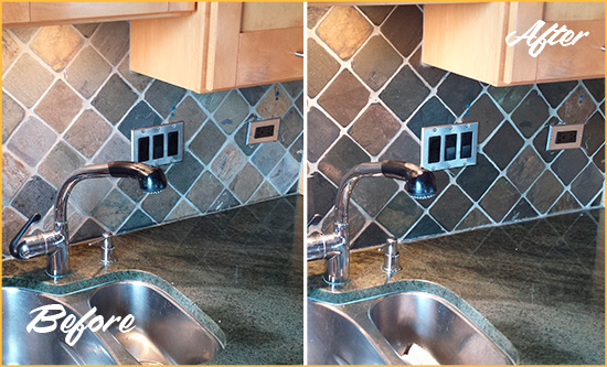 Sir Grout Caulks this Elberta Backsplash Caulked to Fix and Prevent Water Leaks Before and After Picture of a Elberta Backsplash Caulked to Fix and Prevent Water Leaks
