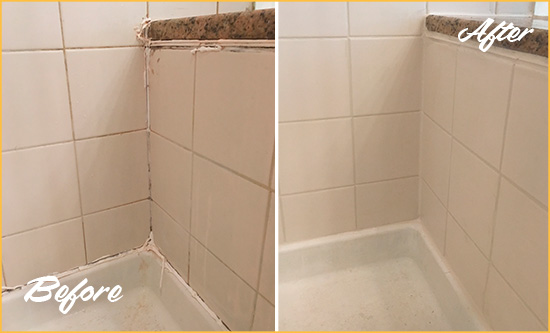 Sir Grout Caulks this Elberta Shower Caulked to Repair Damaged Caulking Before and After Picture of a Elberta Shower Caulked to Repair Damaged Caulking