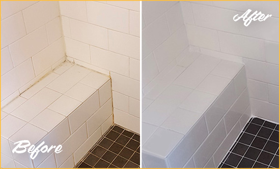 Sir Grout Caulks this Elberta Shower Seat Caulked to Protect Against Mold and Mildew Growth Before and After Picture of a Elberta Shower Seat Caulked to Protect Against Mold and Mildew Growth
