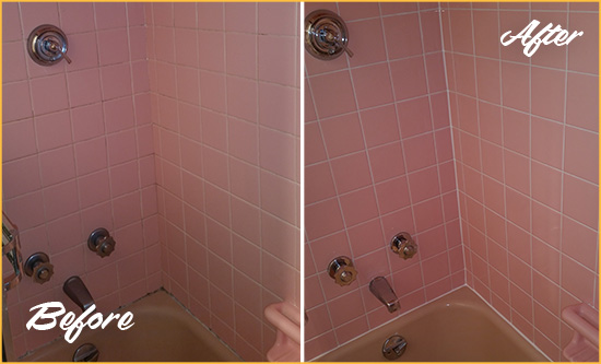 Sir Grout Caulks this Elberta Bathtub to Eliminate Mold Before and After Picture of a Elberta Bathtub Caulked to Eliminate Mold