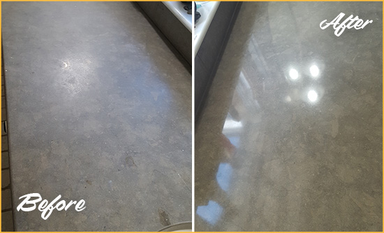 Before and After Picture of a Dull Stapleton Limestone Countertop Polished to Recover Its Color