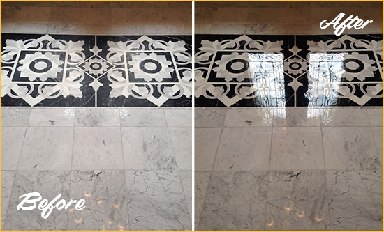Before and After Picture of a Stapleton Marble Stone Floor Polished to a Mirror Shine