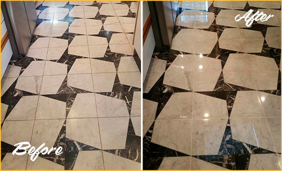 Before and After Picture of a Dull Stapleton Marble Stone Floor Polished To Recover Its Luster