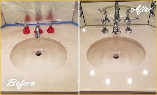 Before and After Picture of a Dull Stapleton Marble Stone Vanity Top Polished to Bring-Back Its Sheen