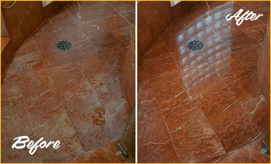Before and After Picture of a Stapleton Marble Stone Shower Polished to Eliminate Mineral Deposits