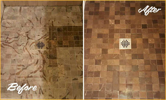 Sir Grout Cleans this Stained Columbia Shower Marble Floor to Remove Etch Marks Before and After Picture of a Stained Columbia Marble Shower Floor Cleaned to Remove Etching
