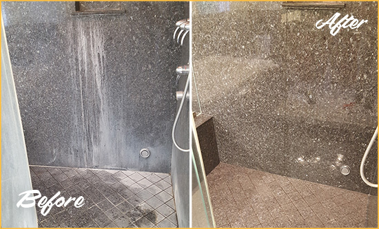 Sir Grout Cleans this Columbia Granite Shower to Remove Mineral Deposits Before and After Picture of a Columbia Granite Shower Cleaned to Remove Mineral Deposits