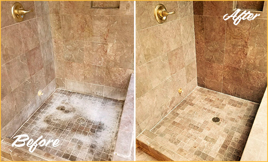 Sir Grout Cleans this Columbia Travertine Shower to Eliminate Water Spots Before and After Picture of a Columbia Travertine Shower Cleaned to Eliminate Water Spots