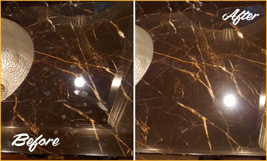 Sir Grout Cleans this Columbia Marble Countertop to Remove Water Spots Before and After Picture of a Columbia Marble Countertop Cleaned to Remove Water Spots