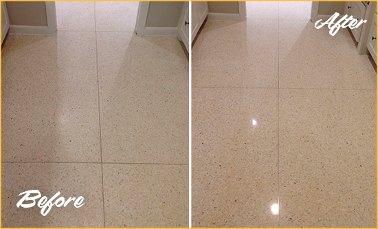 Sir Grout Seals this Grand Bay Granite Floor for Stone Protection Before and After Picture of a Grand Bay Granite Floor Sealed for Stone Protection