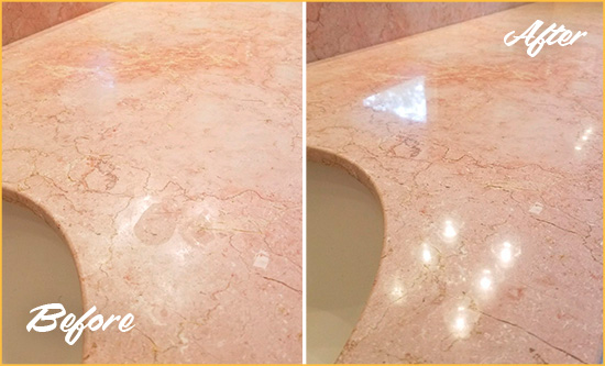 Sir Grout Seals this Grand Bay Marble Stone Vanity Top to to Avoid Water Marks Before and After Picture of a Grand Bay Marble Stone Vanity Top Sealed to Avoid Water Marks