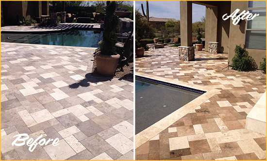 Sir Grout Seals the Stone of this Grand Bay Travertine Patio Stone for Extra Protection Before and After Picture of a Grand Bay Travertine Patio Sealed Stone for Extra Protection