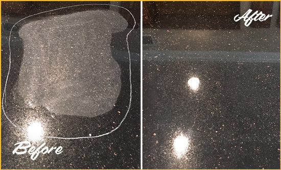 Sir Grout Hones this Cantonment Granite Kitchen Countertop to Eliminate Scratch Before and After Picture of a Cantonment Granite Kitchen Countertop Honed to Eliminate Scratch
