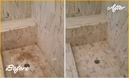 Before and After Picture of a Cantonment Marble Shower Honed to Remove Dark Stains