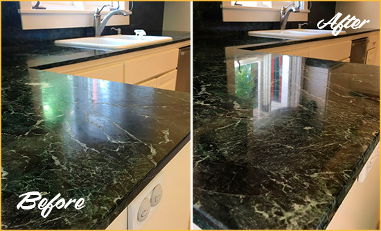 Sir Grout Hones this Cantonment Marble Kitchen Countertop to Remove Water Marks Before and After Picture of a Cantonment Marble Kitchen Countertop Honed to Remove Water Marks