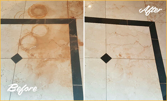 Before and After Picture of a Cantonment Marble Floor Honed to Remove Rust Stains