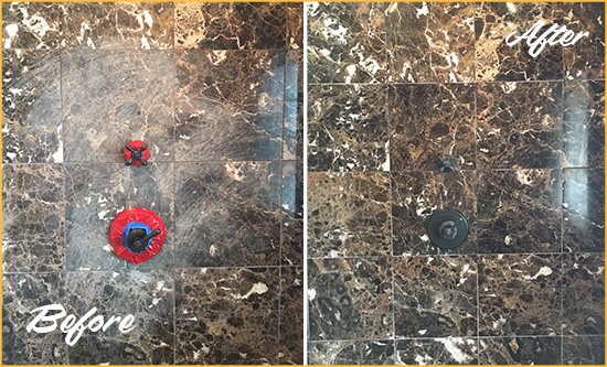 Before and After Picture of a Cantonment Marble Shower Honed to Remove Scratches