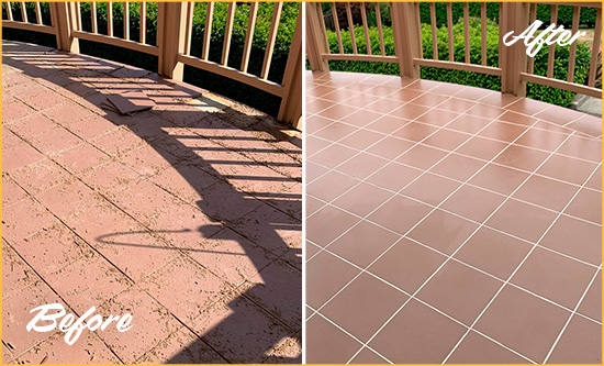 Before and After Picture of a Silverhill Hard Surface Restoration Service on a Tiled Deck