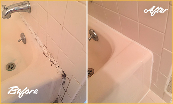 Before and After Picture of a Silverhill Hard Surface Restoration Service on a Tile Shower to Repair Damaged Caulking