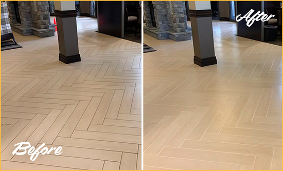 Before and After Picture of a Silverhill Hard Surface Restoration Service on an Office Lobby Tile Floor to Remove Embedded Dirt