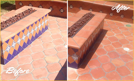 Before and After Picture of a Silverhill Hard Surface Restoration Service on a Dull Terracotta Patio Floor to Recover Its Color
