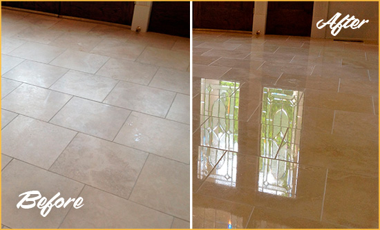 Before and After Picture of a Silverhill Hard Surface Restoration Service on a Dull Travertine Floor Polished to Recover Its Splendor