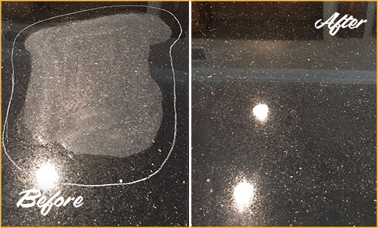 Before and After Picture of a Silverhill Hard Surface Restoration Service on a Granite Countertop to Remove Scratches