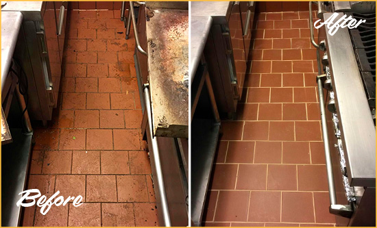 Before and After Picture of a Silverhill Hard Surface Restoration Service on a Restaurant Kitchen Floor to Eliminate Soil and Grease Build-Up