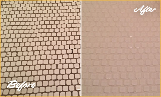 Before and After Picture of a Silverhill Hard Surface Restoration Service on a Bathroom Tile Floor Recolored to Fix Grout Color