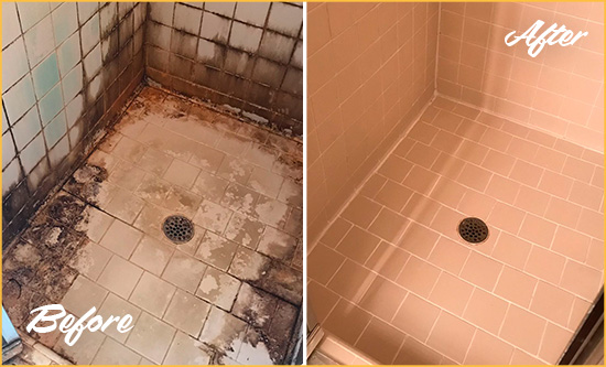 Before and After Picture of a Silverhill Hard Surface Restoration Service on a Tile Bathroom to Repair Water Damage