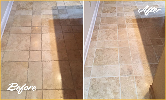 Before and After Picture of Gulf Shores Kitchen Floor Grout Cleaned to Recover Its Color