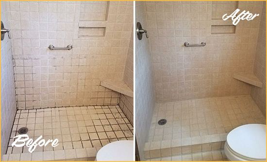 Before and After Picture of a Gulf Shores Shower Grout Cleaned to Remove Mold