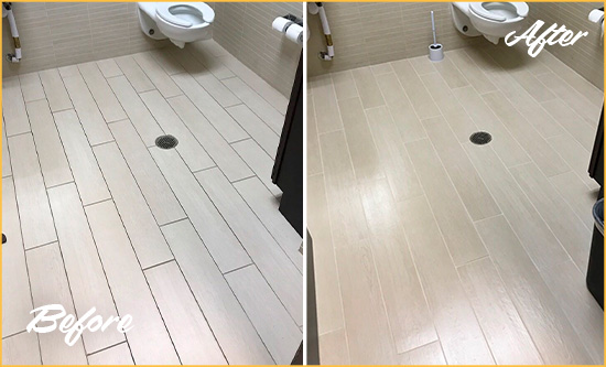 Before and After Picture of a Gulf Shores Office Restroom's Grout Cleaned to Remove Dirt