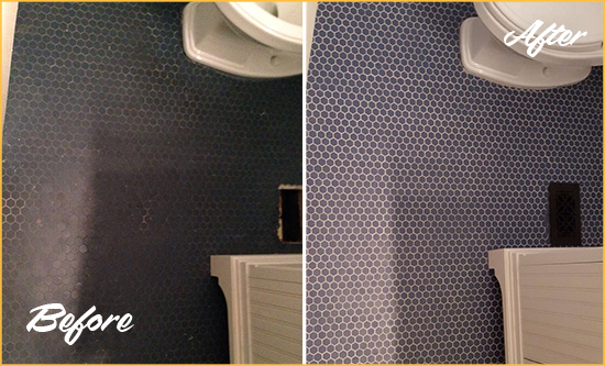 Before and After Picture of a Silverhill Blue Tile Floor Recolored Grout