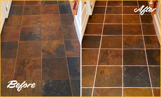 Before and After Picture of a Silverhill Slate Floor Recolored Grout