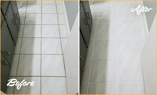 Before and After Picture of a Silverhill White Ceramic Tile with Recolored Grout