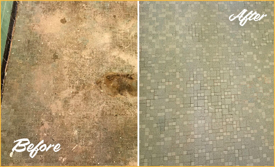 Before and After Picture of a Point Clear Mosaic Shower Cleaned to Eliminate Embedded Dirt