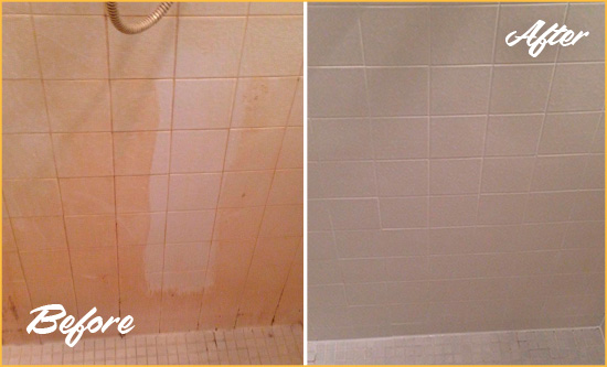 Before and After Picture of a Point Clear Porcelaine Shower Cleaned to Remove Soap Scum