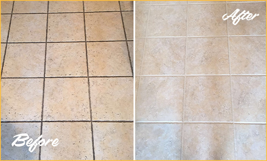 Before and After Picture of a Point Clear Ceramic Floor Cleaned to Remove Soil